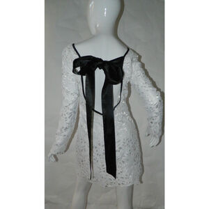 Designer Dress White Eyelet Lace Black Satin Ribbon Made in Australia Small‎